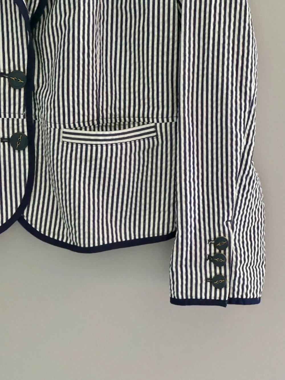 Sandro Cotton Blazer Blue White Stripe Nautical Styling Seersucker Jacket Large